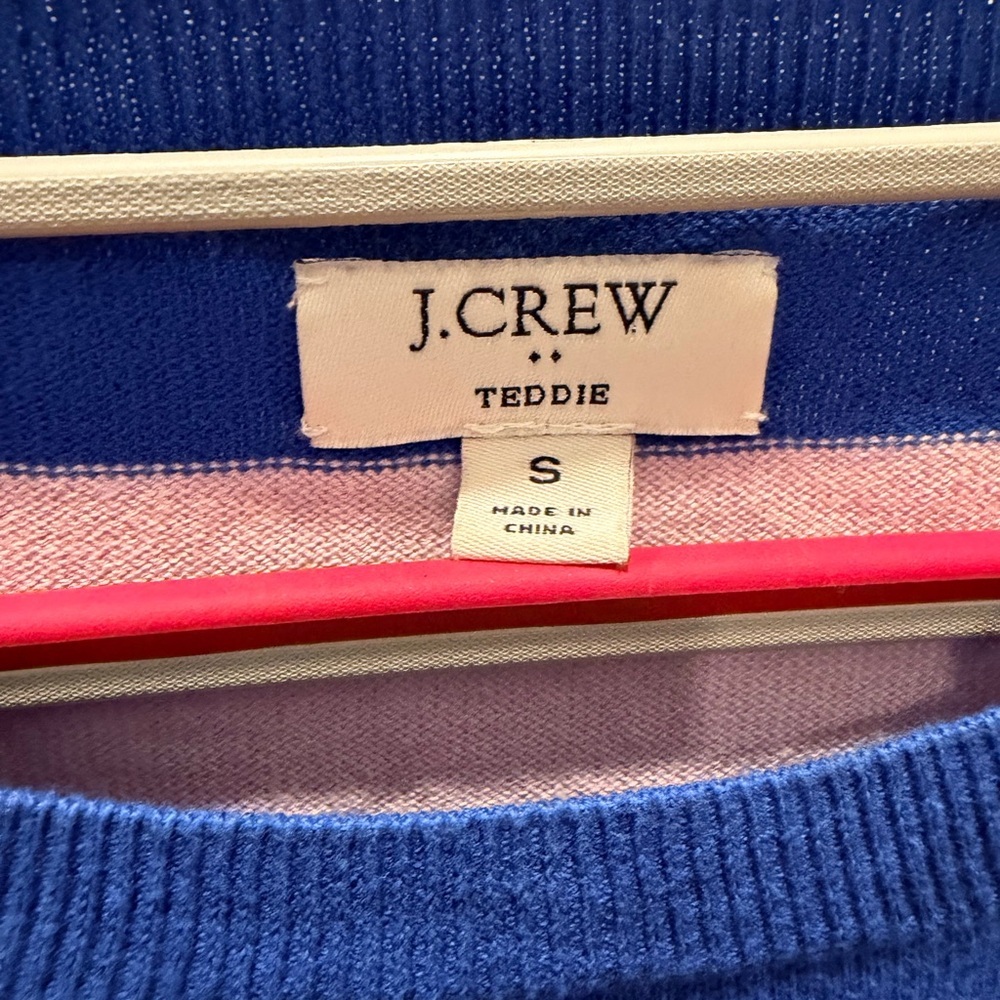 J.Crew Teddy Sweater Small Blue Pink Striped Crewneck 100% Cotton Lightweight - Picture 3 of 9